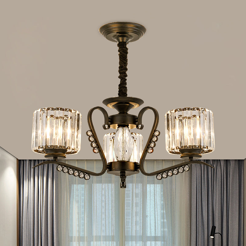 3/5 Heads Ceiling Chandelier Modernism Living Room Suspension Light with Cylinder Crystal Shade in Black 3 Black Clearhalo 'Ceiling Lights' 'Chandeliers' 'Modern Chandeliers' 'Modern' Lighting' 757666