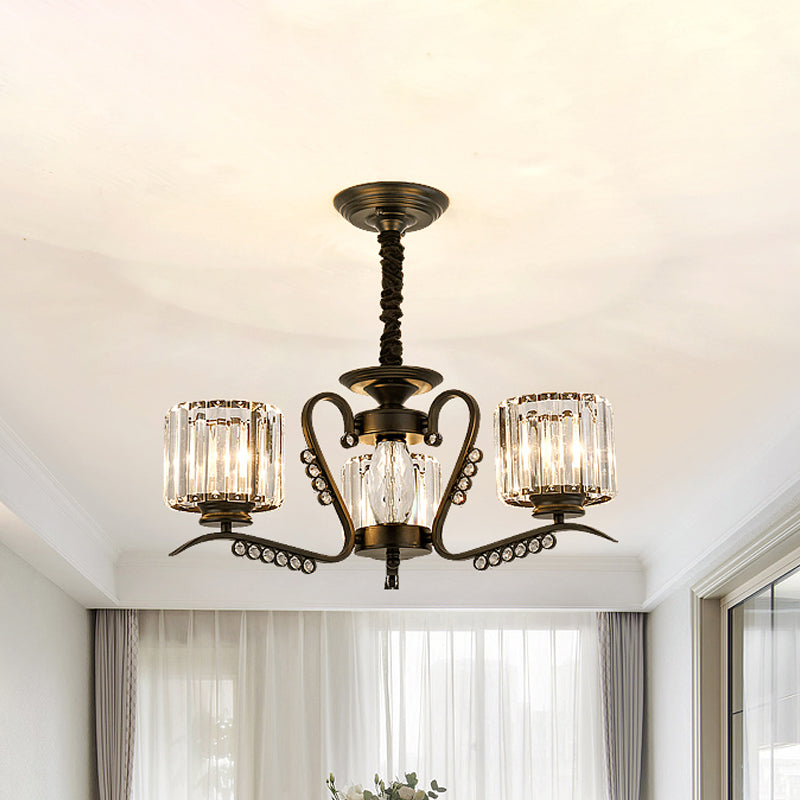 3/5 Heads Ceiling Chandelier Modernism Living Room Suspension Light with Cylinder Crystal Shade in Black Clearhalo 'Ceiling Lights' 'Chandeliers' 'Modern Chandeliers' 'Modern' Lighting' 757667