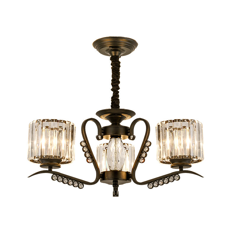 3/5 Heads Ceiling Chandelier Modernism Living Room Suspension Light with Cylinder Crystal Shade in Black Clearhalo 'Ceiling Lights' 'Chandeliers' 'Modern Chandeliers' 'Modern' Lighting' 757668