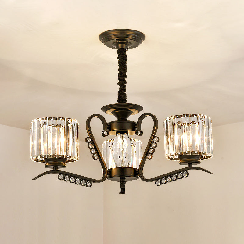 3/5 Heads Ceiling Chandelier Modernism Living Room Suspension Light with Cylinder Crystal Shade in Black Clearhalo 'Ceiling Lights' 'Chandeliers' 'Modern Chandeliers' 'Modern' Lighting' 757669