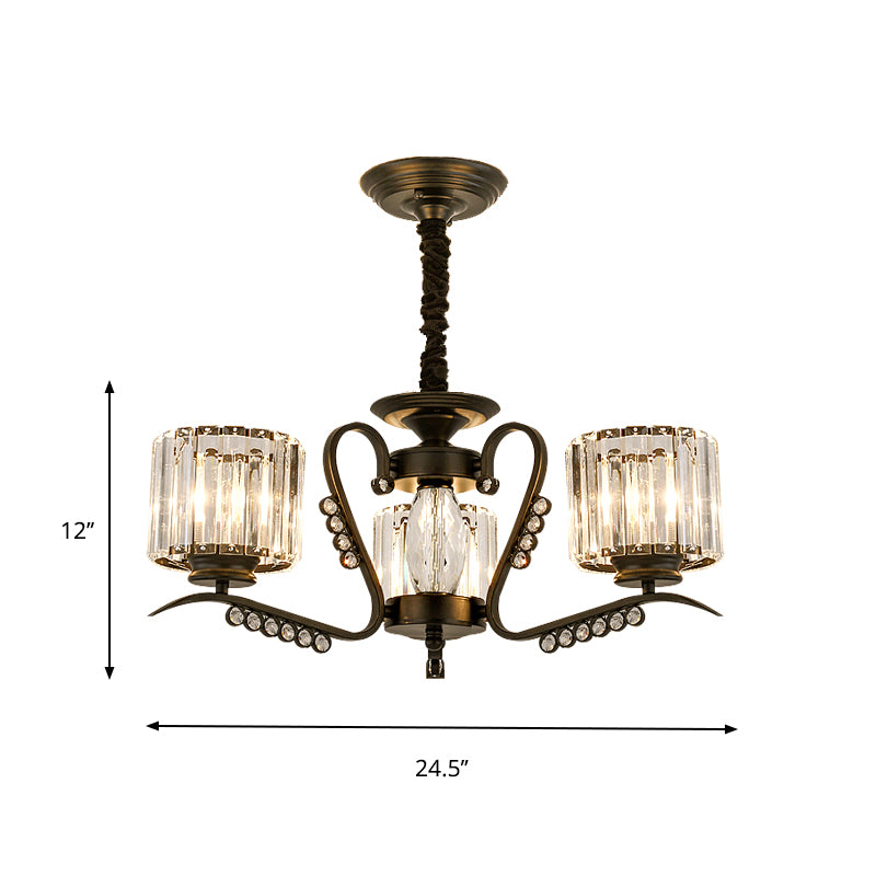 3/5 Heads Ceiling Chandelier Modernism Living Room Suspension Light with Cylinder Crystal Shade in Black Clearhalo 'Ceiling Lights' 'Chandeliers' 'Modern Chandeliers' 'Modern' Lighting' 757670