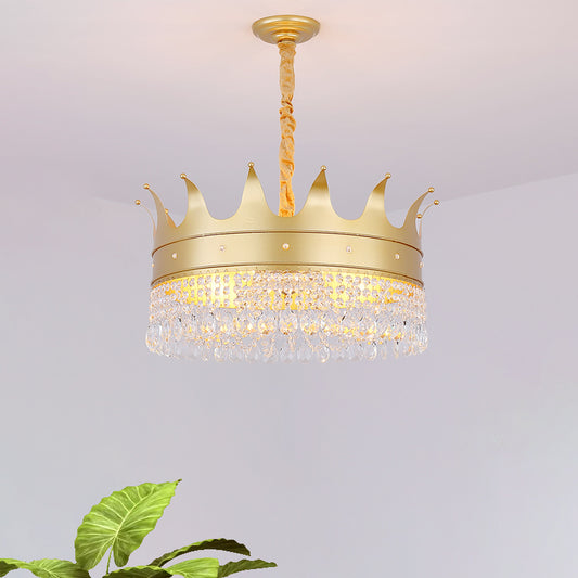 Crown Shape Metal Chandelier Light Modernism 4-Bulb Living Room Hanging Pendant Lamp in Gold with Crystal Droplet Gold Clearhalo 'Ceiling Lights' 'Chandeliers' 'Modern Chandeliers' 'Modern' Lighting' 757671