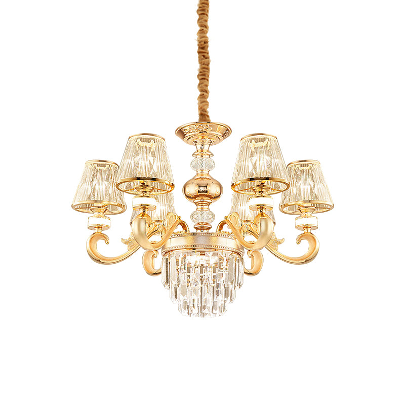 3-Tier Faceted Crystal Chandelier Lighting Modernism 6/8 Heads Living Room Hanging Lamp Kit in Gold with Conic Shade Clearhalo 'Ceiling Lights' 'Chandeliers' 'Modern Chandeliers' 'Modern' Lighting' 757712
