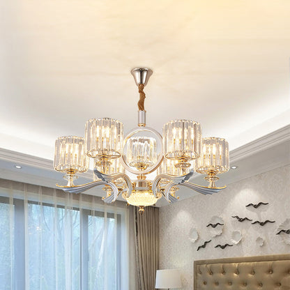 Crystal Block Cylinder Suspension Light Contemporary 6/8-Head Dining Room Chandelier in Silver 6 Silver Clearhalo 'Ceiling Lights' 'Chandeliers' 'Modern Chandeliers' 'Modern' Lighting' 757728