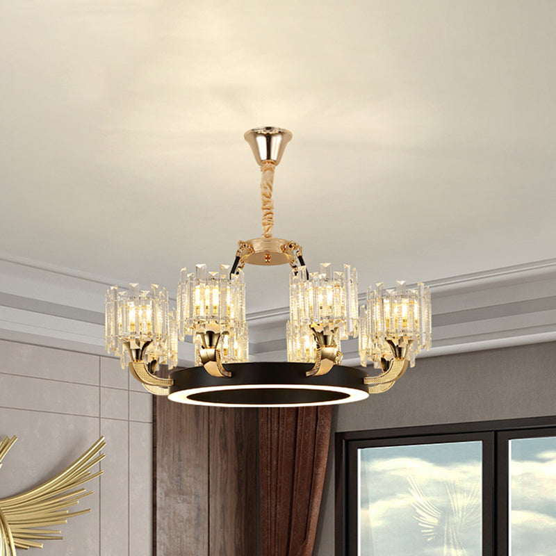 Metal Ring Hanging Chandelier Modern 6/8-Bulb Living Room Pendant Light Fixture in Black and Gold with Round Crystal Sade 8 Black-Gold Clearhalo 'Ceiling Lights' 'Chandeliers' 'Modern Chandeliers' 'Modern' Lighting' 757733