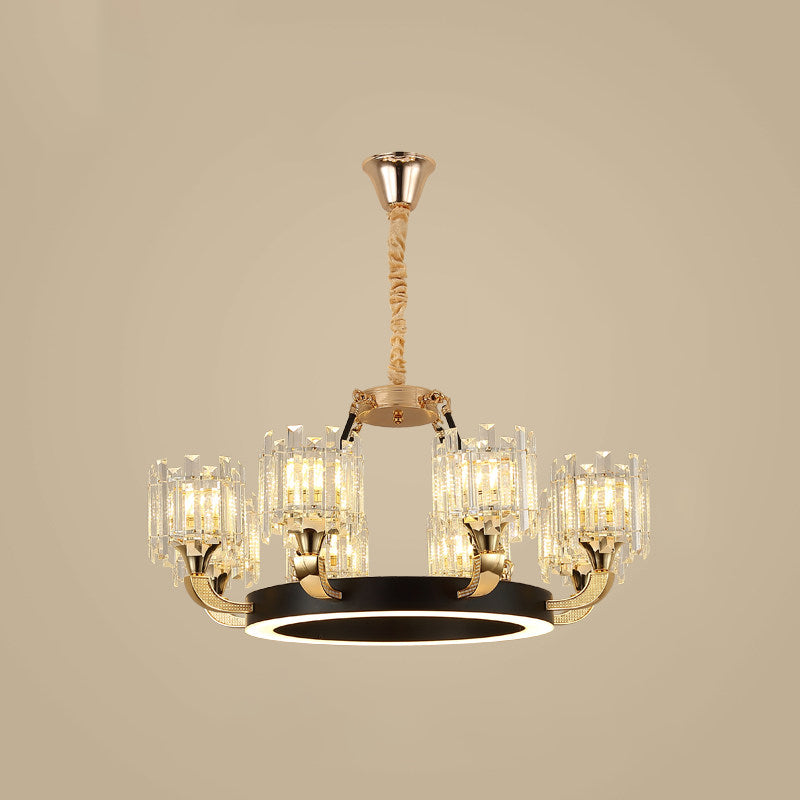 Metal Ring Hanging Chandelier Modern 6/8-Bulb Living Room Pendant Light Fixture in Black and Gold with Round Crystal Sade Clearhalo 'Ceiling Lights' 'Chandeliers' 'Modern Chandeliers' 'Modern' Lighting' 757735