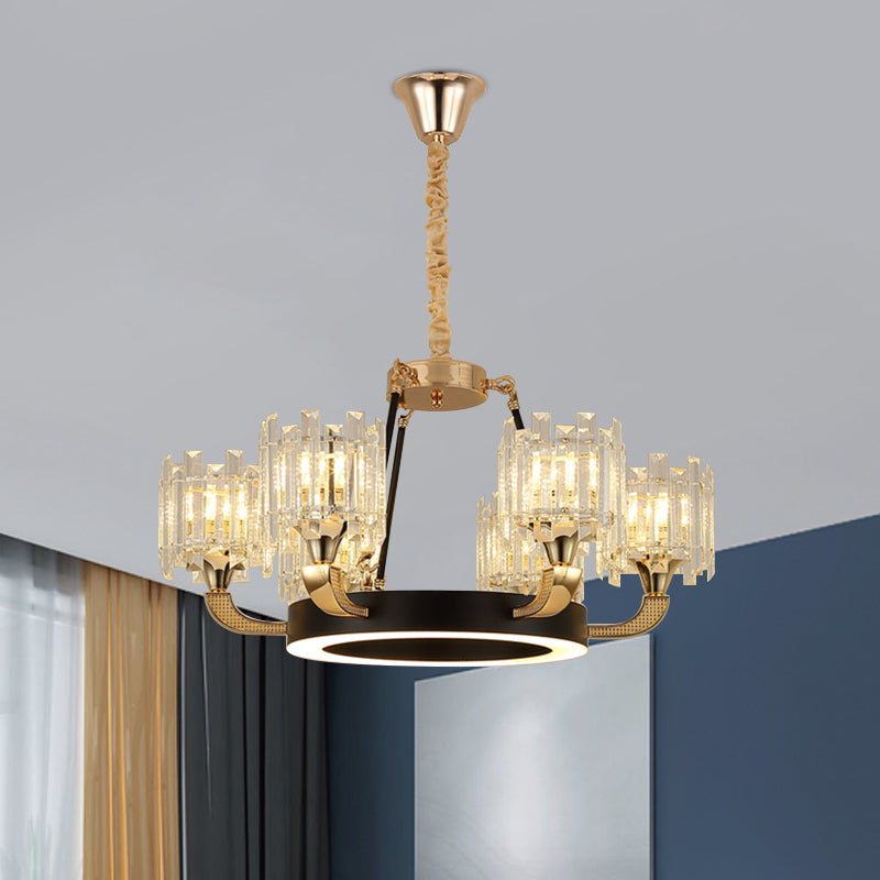 Metal Ring Hanging Chandelier Modern 6/8-Bulb Living Room Pendant Light Fixture in Black and Gold with Round Crystal Sade 6 Black-Gold Clearhalo 'Ceiling Lights' 'Chandeliers' 'Modern Chandeliers' 'Modern' Lighting' 757737
