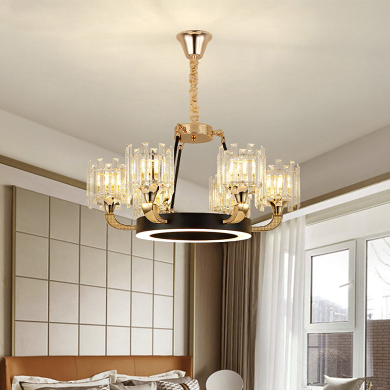 Metal Ring Hanging Chandelier Modern 6/8-Bulb Living Room Pendant Light Fixture in Black and Gold with Round Crystal Sade Clearhalo 'Ceiling Lights' 'Chandeliers' 'Modern Chandeliers' 'Modern' Lighting' 757738