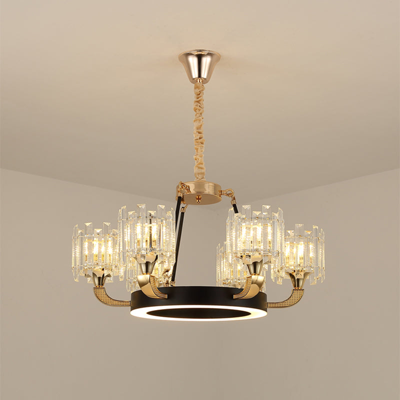 Metal Ring Hanging Chandelier Modern 6/8-Bulb Living Room Pendant Light Fixture in Black and Gold with Round Crystal Sade Clearhalo 'Ceiling Lights' 'Chandeliers' 'Modern Chandeliers' 'Modern' Lighting' 757740