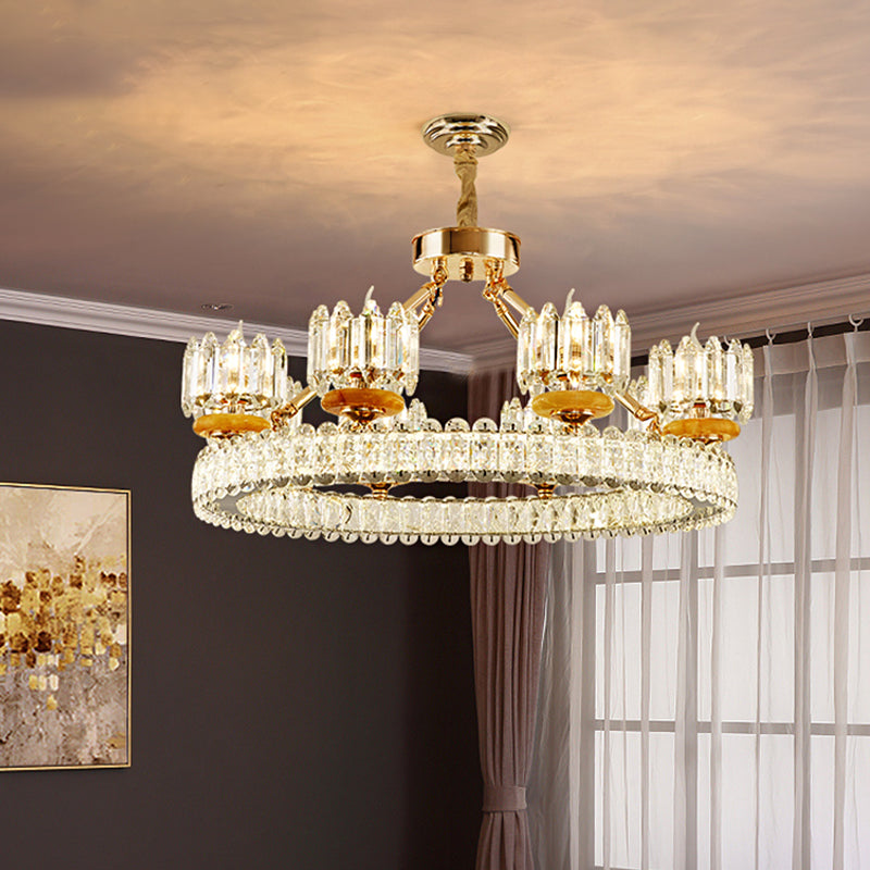 Cylinder Living Room Chandelier Lamp Modernism Crystal Block 6/8 Bulbs Gold Ring Ceiling Light 8 Gold Clearhalo 'Ceiling Lights' 'Chandeliers' 'Modern Chandeliers' 'Modern' Lighting' 757751