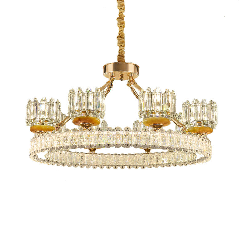 Cylinder Living Room Chandelier Lamp Modernism Crystal Block 6/8 Bulbs Gold Ring Ceiling Light Clearhalo 'Ceiling Lights' 'Chandeliers' 'Modern Chandeliers' 'Modern' Lighting' 757752