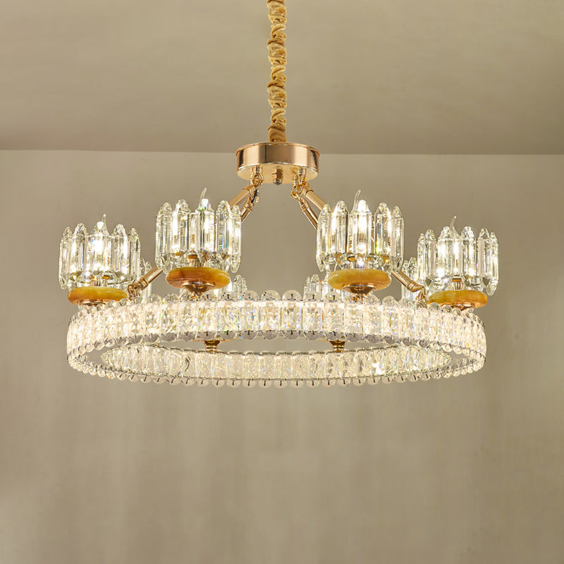 Cylinder Living Room Chandelier Lamp Modernism Crystal Block 6/8 Bulbs Gold Ring Ceiling Light Clearhalo 'Ceiling Lights' 'Chandeliers' 'Modern Chandeliers' 'Modern' Lighting' 757753