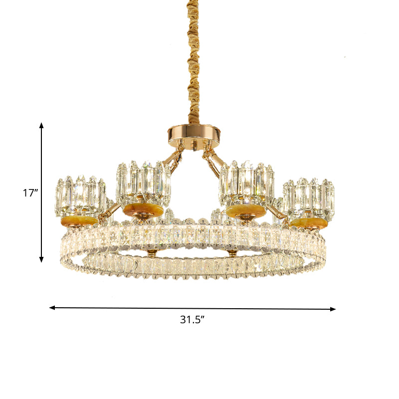 Cylinder Living Room Chandelier Lamp Modernism Crystal Block 6/8 Bulbs Gold Ring Ceiling Light Clearhalo 'Ceiling Lights' 'Chandeliers' 'Modern Chandeliers' 'Modern' Lighting' 757754