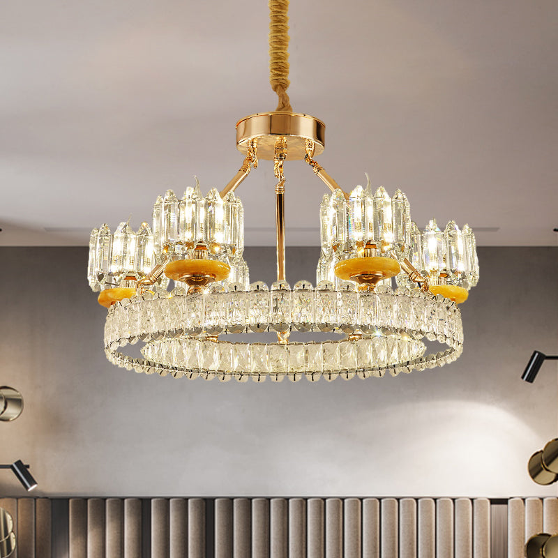 Cylinder Living Room Chandelier Lamp Modernism Crystal Block 6/8 Bulbs Gold Ring Ceiling Light 6 Gold Clearhalo 'Ceiling Lights' 'Chandeliers' 'Modern Chandeliers' 'Modern' Lighting' 757755