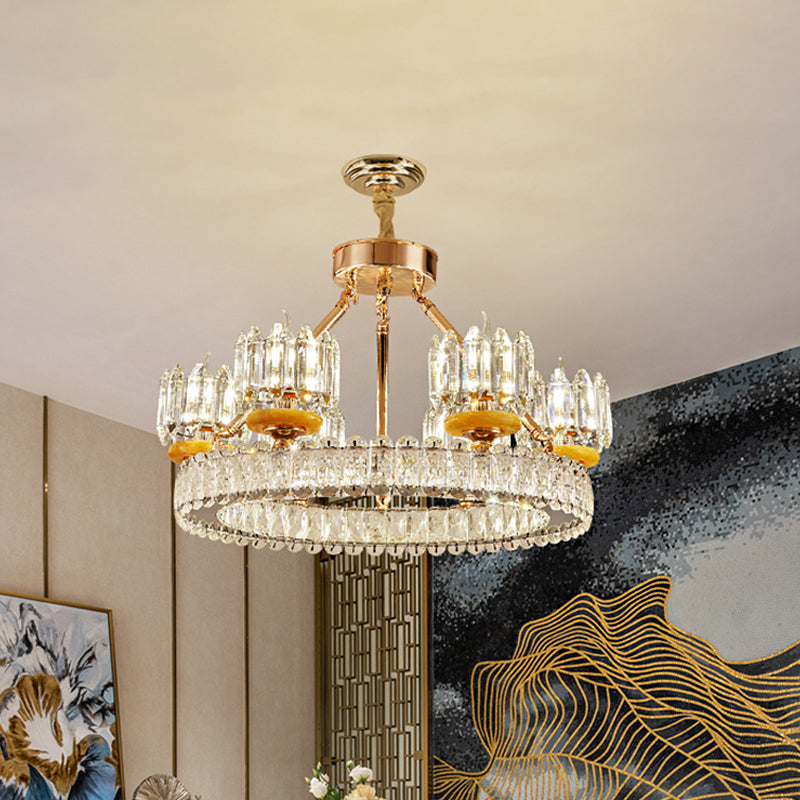Cylinder Living Room Chandelier Lamp Modernism Crystal Block 6/8 Bulbs Gold Ring Ceiling Light Clearhalo 'Ceiling Lights' 'Chandeliers' 'Modern Chandeliers' 'Modern' Lighting' 757756
