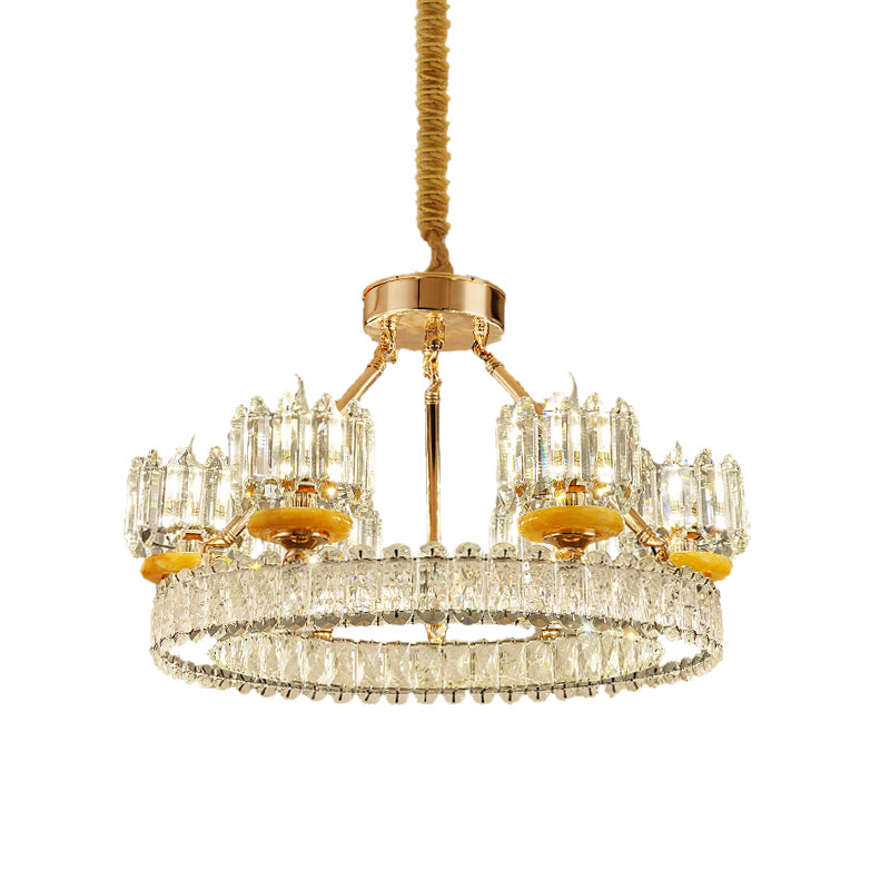 Cylinder Living Room Chandelier Lamp Modernism Crystal Block 6/8 Bulbs Gold Ring Ceiling Light Clearhalo 'Ceiling Lights' 'Chandeliers' 'Modern Chandeliers' 'Modern' Lighting' 757757