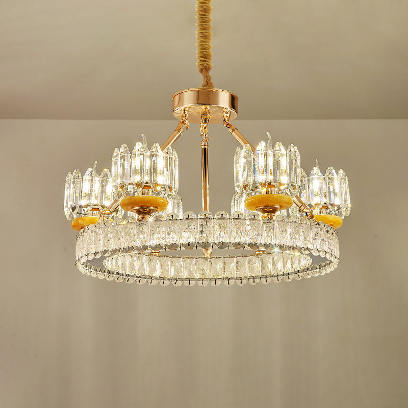 Cylinder Living Room Chandelier Lamp Modernism Crystal Block 6/8 Bulbs Gold Ring Ceiling Light Clearhalo 'Ceiling Lights' 'Chandeliers' 'Modern Chandeliers' 'Modern' Lighting' 757758