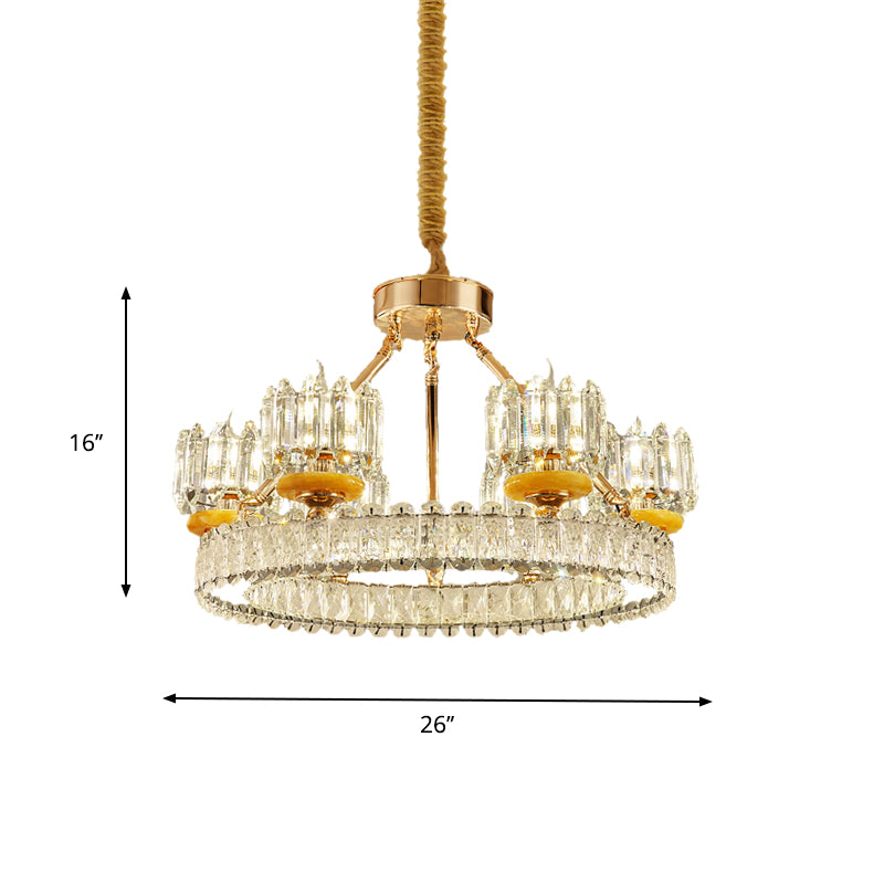 Cylinder Living Room Chandelier Lamp Modernism Crystal Block 6/8 Bulbs Gold Ring Ceiling Light Clearhalo 'Ceiling Lights' 'Chandeliers' 'Modern Chandeliers' 'Modern' Lighting' 757759