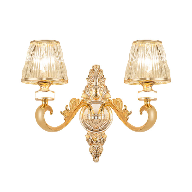 1/2-Head Wall Sconce Modern Bedside Wall Light Fixture with Cone Crystal Shade in Gold Clearhalo 'Cast Iron' 'Glass' 'Industrial' 'Modern wall lights' 'Modern' 'Tiffany' 'Traditional wall lights' 'Wall Lamps & Sconces' 'Wall Lights' Lighting' 757793