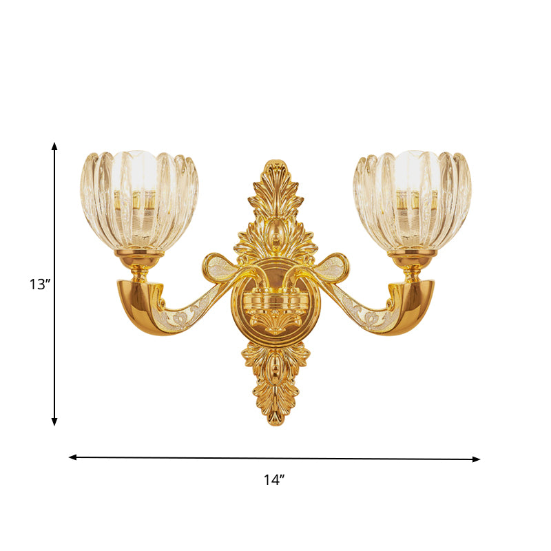 Beveled Crystal Dome Sconce Light Modernism 1/2-Bulb Bedroom Wall Mounted Lamp Fixture in Gold Clearhalo 'Cast Iron' 'Glass' 'Industrial' 'Modern wall lights' 'Modern' 'Tiffany' 'Traditional wall lights' 'Wall Lamps & Sconces' 'Wall Lights' Lighting' 757803