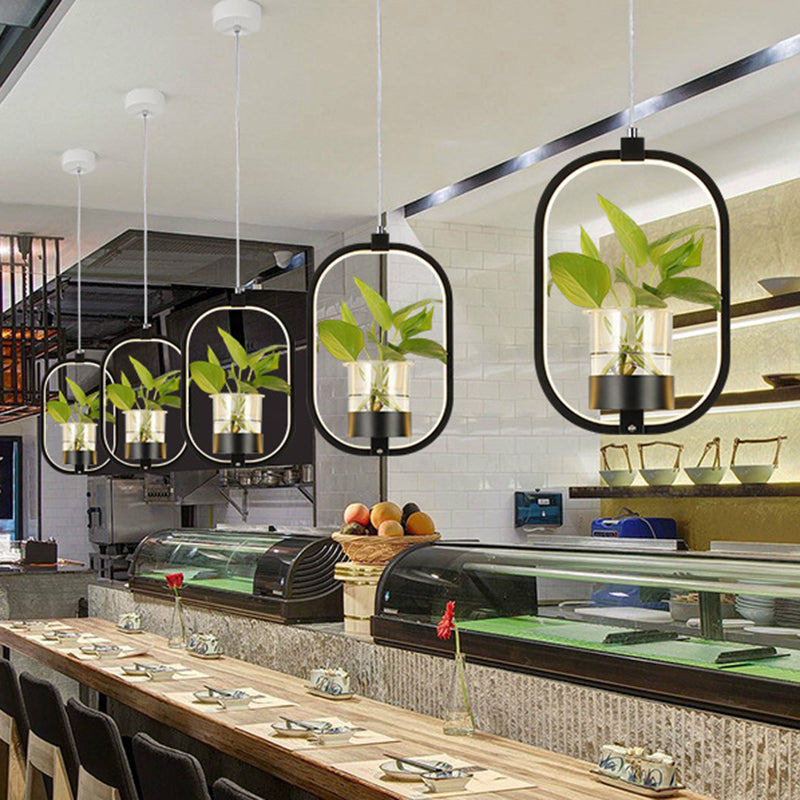 Oval Metal Suspension Pendant Antique 1 Head Restaurant LED Ceiling Light with Plant Cup in Black/Grey/White Black Clearhalo 'Art Deco Pendants' 'Black' 'Cast Iron' 'Ceiling Lights' 'Ceramic' 'Crystal' 'Industrial Pendants' 'Industrial' 'Metal' 'Middle Century Pendants' 'Pendant Lights' 'Pendants' 'Rustic Pendants' 'Tiffany' Lighting' 757923
