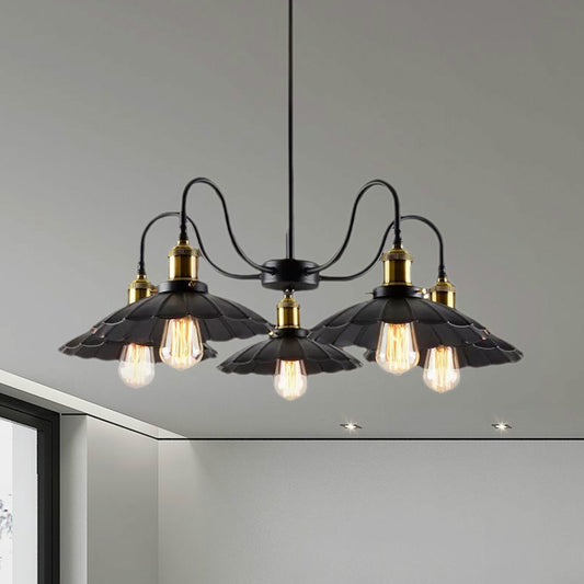 Black Finish Scalloped Chandelier Light Industrial Metal 5 Heads Indoor Pendant Lighting with Gooseneck Arm Clearhalo 'Cast Iron' 'Ceiling Lights' 'Chandeliers' 'Industrial Chandeliers' 'Industrial' 'Metal' 'Middle Century Chandeliers' 'Rustic Chandeliers' 'Tiffany' Lighting' 758186