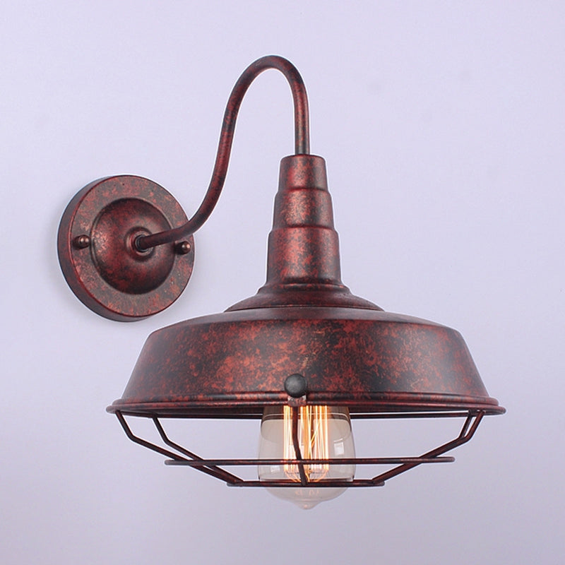 10"/14" W 1 Head Caged Sconce Light with Barn Shade and Gooseneck Arm Iron Restaurant Wall Mount Light in Black/White Clearhalo 'Art deco wall lights' 'Cast Iron' 'Glass' 'Industrial wall lights' 'Industrial' 'Middle century wall lights' 'Modern' 'Rustic wall lights' 'Tiffany' 'Traditional wall lights' 'Wall Lamps & Sconces' 'Wall Lights' Lighting' 758268