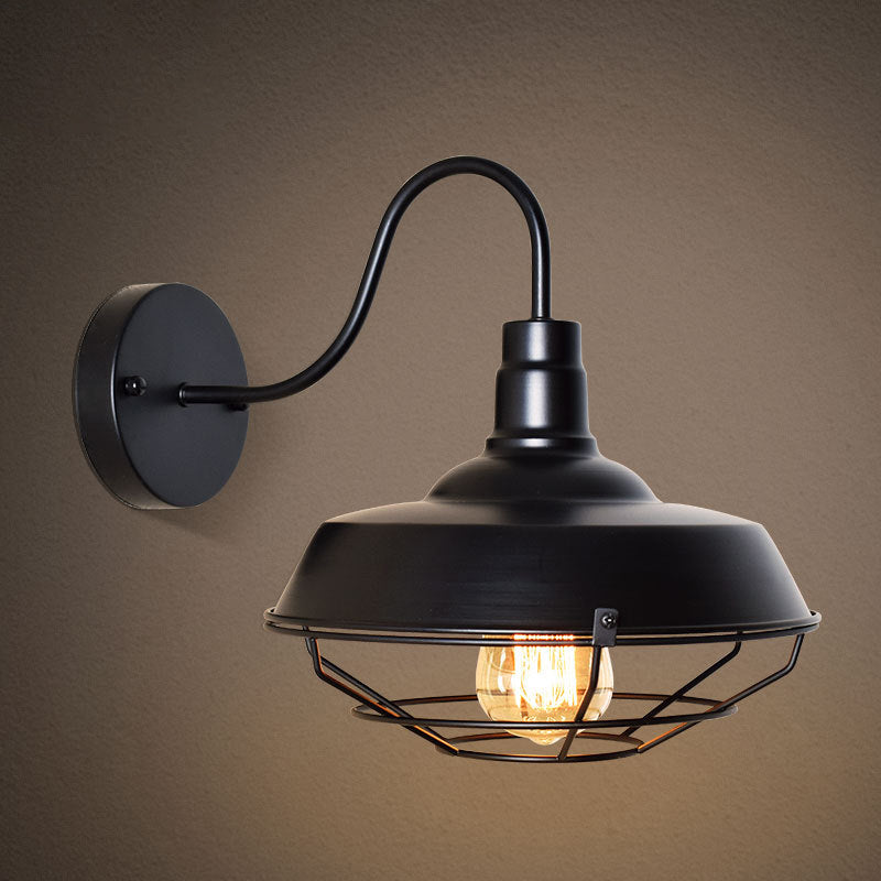 10"/14" W 1 Head Caged Sconce Light with Barn Shade and Gooseneck Arm Iron Restaurant Wall Mount Light in Black/White Clearhalo 'Art deco wall lights' 'Cast Iron' 'Glass' 'Industrial wall lights' 'Industrial' 'Middle century wall lights' 'Modern' 'Rustic wall lights' 'Tiffany' 'Traditional wall lights' 'Wall Lamps & Sconces' 'Wall Lights' Lighting' 758270