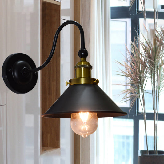 Black One Light Sconce Light Industrial Metal Cone Wall Lighting Fixture for Corridor Black Clearhalo 'Art deco wall lights' 'Cast Iron' 'Glass' 'Industrial wall lights' 'Industrial' 'Middle century wall lights' 'Modern' 'Rustic wall lights' 'Tiffany' 'Traditional wall lights' 'Wall Lamps & Sconces' 'Wall Lights' Lighting' 758279
