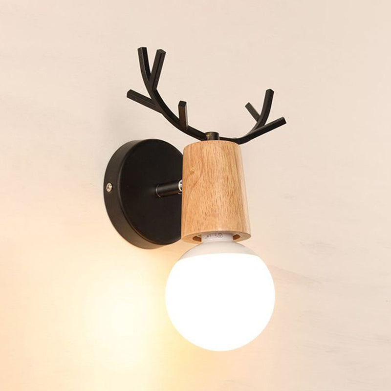 1 Light Bare Bulb Sconce Lamp Modern Style Black/White Finish Metal and Wood Wall Lighting with Deer Horn Clearhalo 'Industrial wall lights' 'Industrial' 'Middle century wall lights' 'Rustic wall lights' 'Tiffany' 'Wall Lamps & Sconces' 'Wall Lights' Lighting' 758285