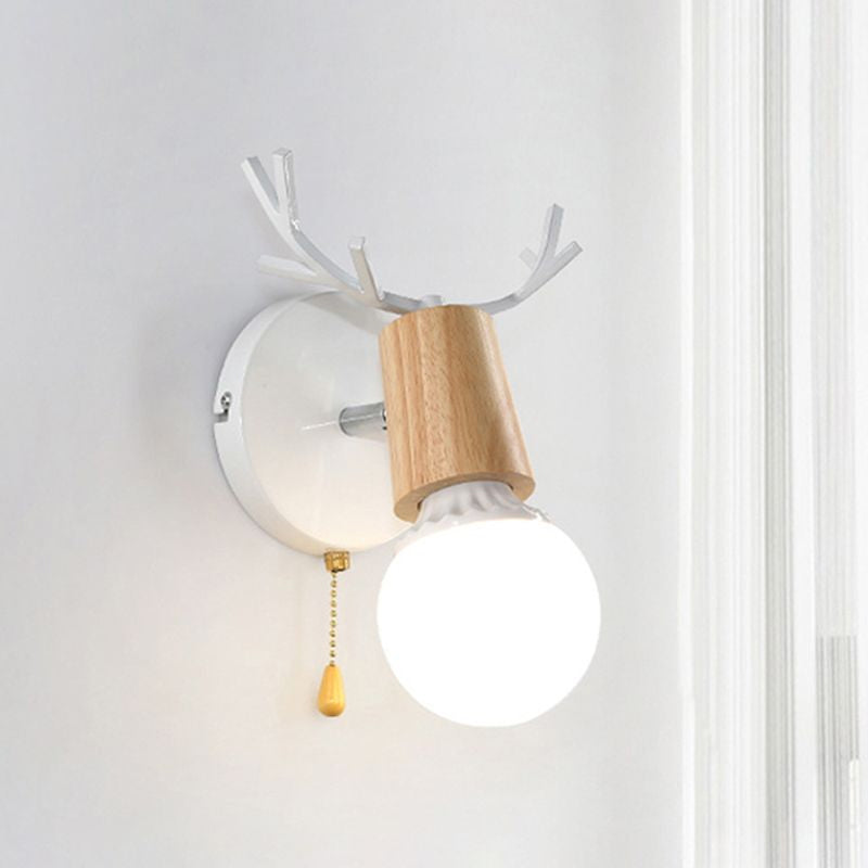 1 Light Bare Bulb Sconce Lamp Modern Style Black/White Finish Metal and Wood Wall Lighting with Deer Horn Clearhalo 'Industrial wall lights' 'Industrial' 'Middle century wall lights' 'Rustic wall lights' 'Tiffany' 'Wall Lamps & Sconces' 'Wall Lights' Lighting' 758286