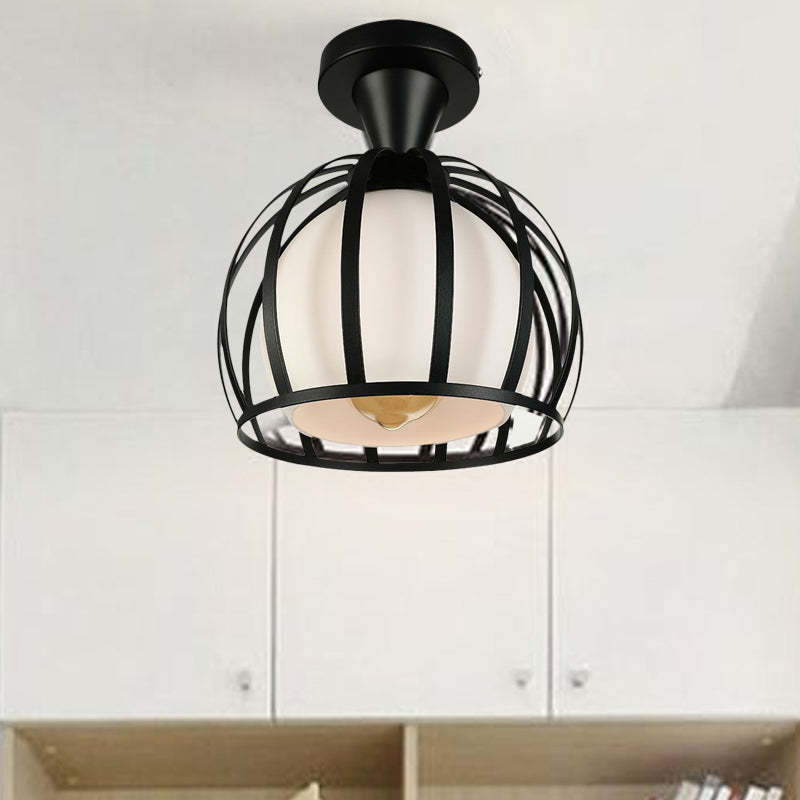 Domed Cage Metal Ceiling Light Fixture Vintage Style 1 Head Dining Room Semi Mount Lighting in Black/White Clearhalo 'Ceiling Lights' 'Close To Ceiling Lights' 'Close to ceiling' 'Glass shade' 'Glass' 'Pendant Lights' 'Semi-flushmount' Lighting' 758287