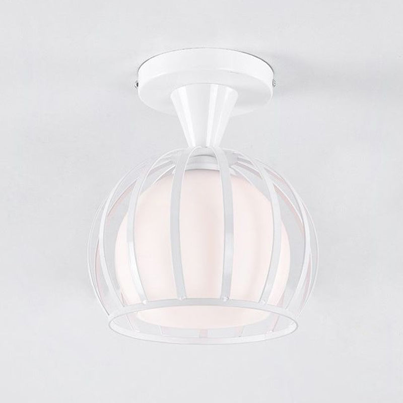 Domed Cage Metal Ceiling Light Fixture Vintage Style 1 Head Dining Room Semi Mount Lighting in Black/White Clearhalo 'Ceiling Lights' 'Close To Ceiling Lights' 'Close to ceiling' 'Glass shade' 'Glass' 'Pendant Lights' 'Semi-flushmount' Lighting' 758288