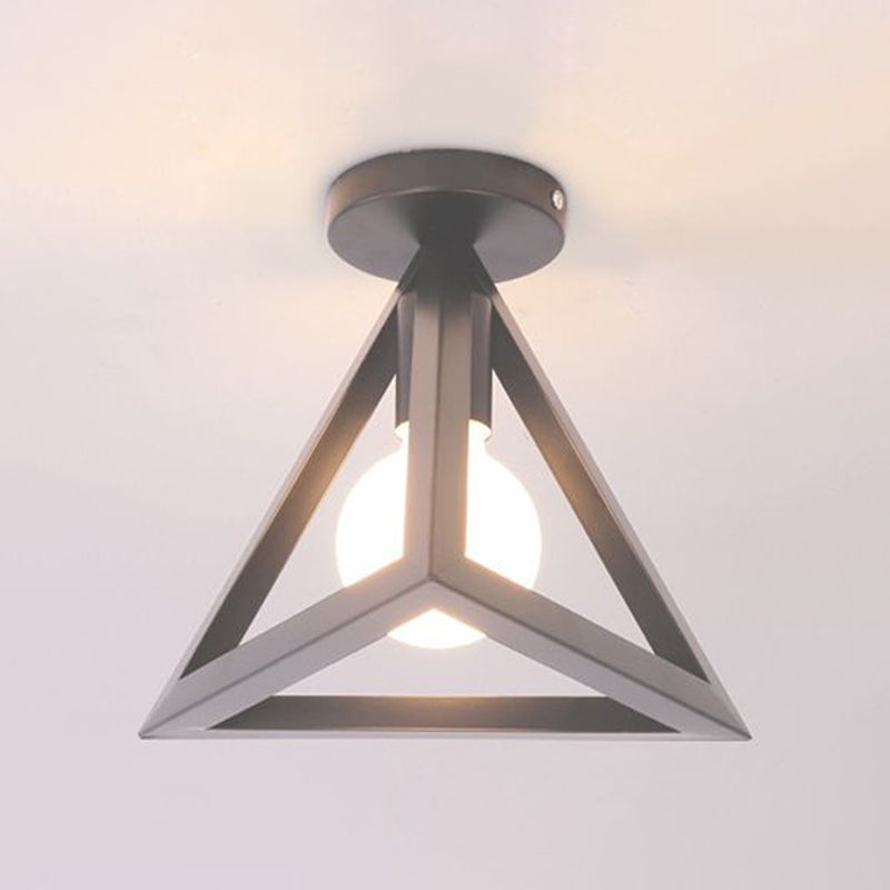Retro Industrial Wire Cage Semi Flush Ceiling Light with Triangle Shade 1 Head Metal Ceiling Lamp in Black/Grey/White Clearhalo 'Ceiling Lights' 'Close To Ceiling Lights' 'Close to ceiling' 'Semi-flushmount' Lighting' 758292