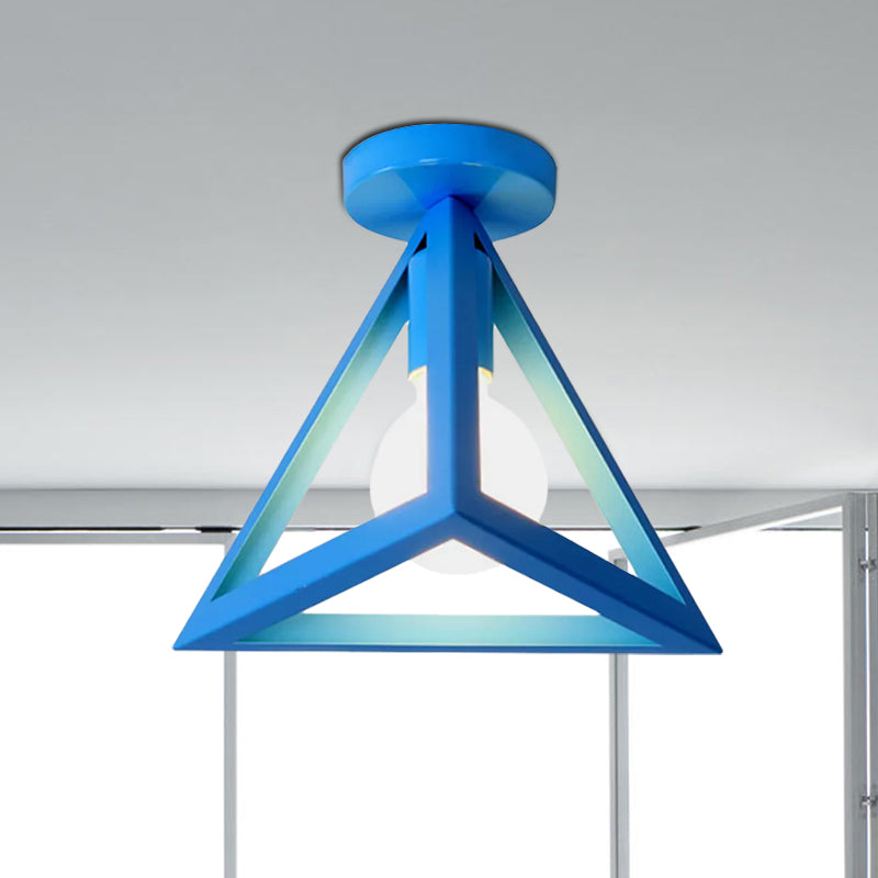 Retro Industrial Wire Cage Semi Flush Ceiling Light with Triangle Shade 1 Head Metal Ceiling Lamp in Black/Grey/White Clearhalo 'Ceiling Lights' 'Close To Ceiling Lights' 'Close to ceiling' 'Semi-flushmount' Lighting' 758294