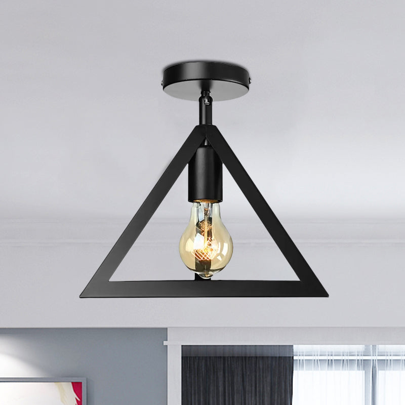 Retro Industrial Wire Cage Semi Flush Ceiling Light with Triangle Shade 1 Head Metal Ceiling Lamp in Black/Grey/White Clearhalo 'Ceiling Lights' 'Close To Ceiling Lights' 'Close to ceiling' 'Semi-flushmount' Lighting' 758295