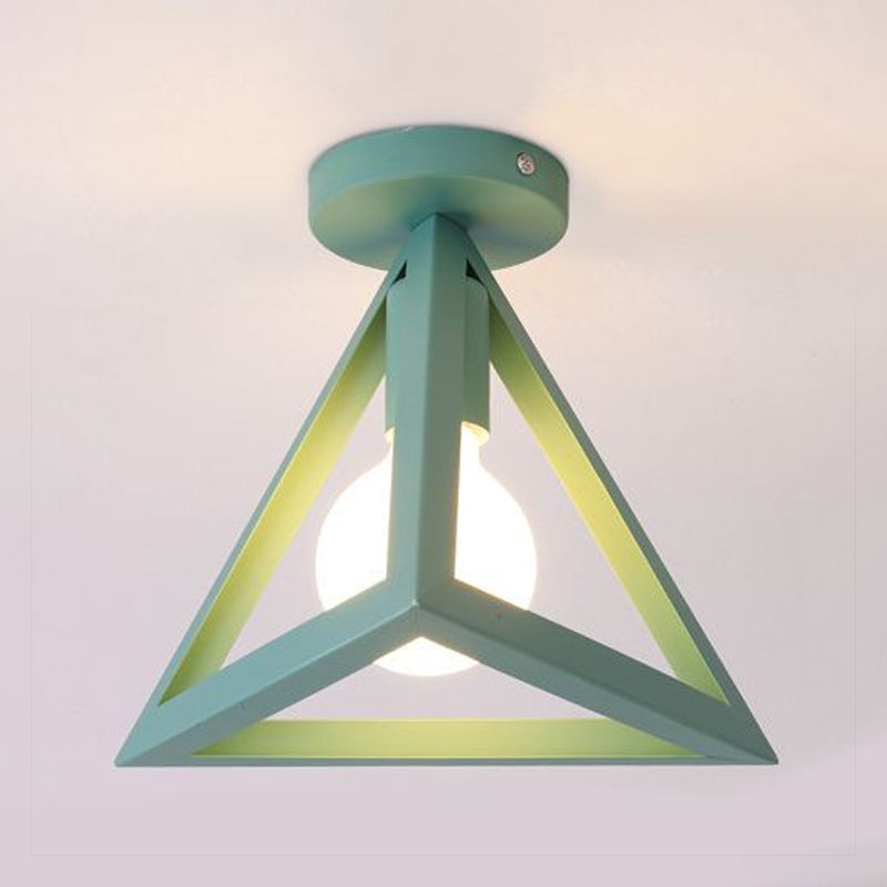 Retro Industrial Wire Cage Semi Flush Ceiling Light with Triangle Shade 1 Head Metal Ceiling Lamp in Black/Grey/White Clearhalo 'Ceiling Lights' 'Close To Ceiling Lights' 'Close to ceiling' 'Semi-flushmount' Lighting' 758297