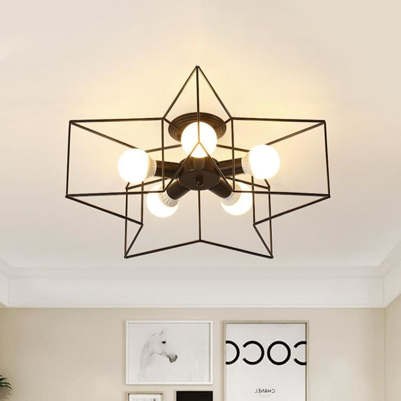 Star Cage Metallic Shade Semi Flush Pendant Light Loft Stylish 5 Lights Bedroom Ceiling Lighting in Black/White Clearhalo 'Ceiling Lights' 'Close To Ceiling Lights' 'Close to ceiling' 'Semi-flushmount' Lighting' 758299
