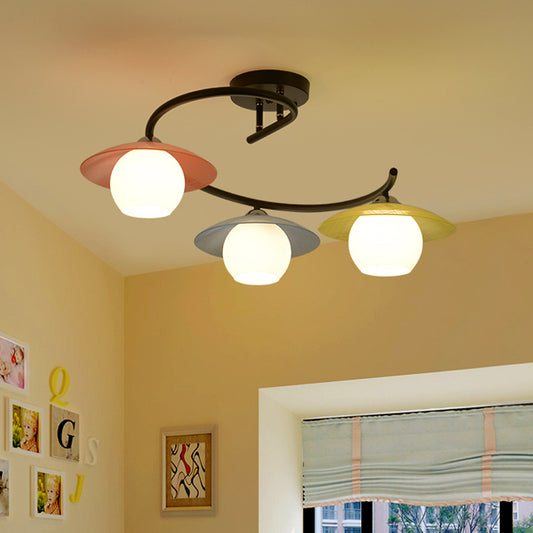 Macaron Swirled Iron Semi Flush Mount 3 Bulbs Ceiling Lighting in Black with Dome Glass Shade and Colored Saucer Cap Clearhalo 'Ceiling Lights' 'Close To Ceiling Lights' 'Close to ceiling' 'Semi-flushmount' Lighting' 758399
