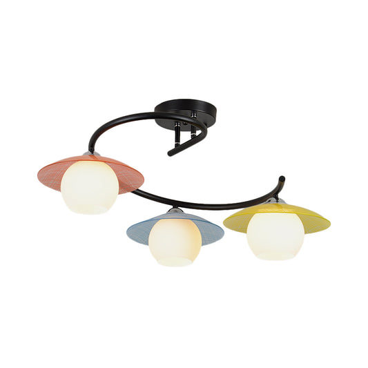 Macaron Swirled Iron Semi Flush Mount 3 Bulbs Ceiling Lighting in Black with Dome Glass Shade and Colored Saucer Cap Clearhalo 'Ceiling Lights' 'Close To Ceiling Lights' 'Close to ceiling' 'Semi-flushmount' Lighting' 758400