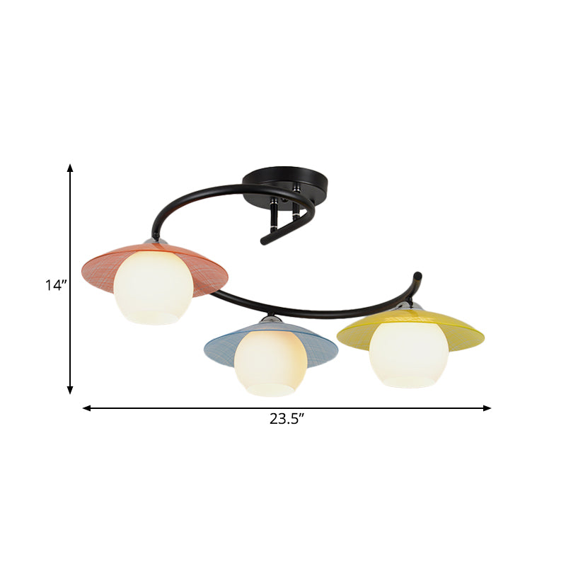 Macaron Swirled Iron Semi Flush Mount 3 Bulbs Ceiling Lighting in Black with Dome Glass Shade and Colored Saucer Cap Clearhalo 'Ceiling Lights' 'Close To Ceiling Lights' 'Close to ceiling' 'Semi-flushmount' Lighting' 758401