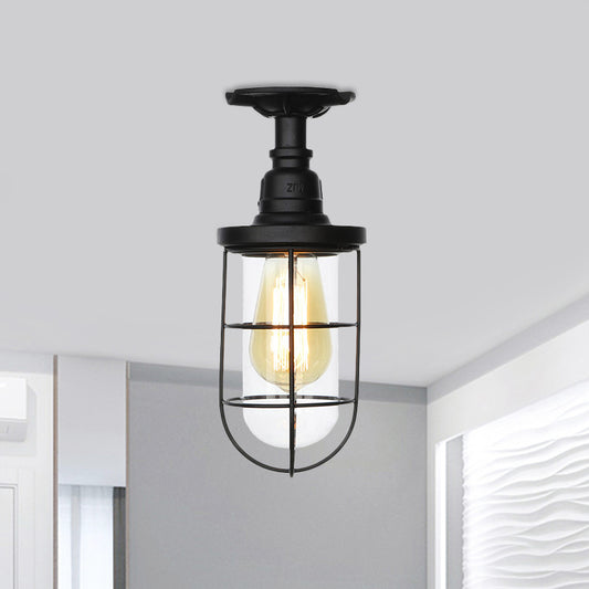1-Head Caged Semi Flushmount Antiqued Black Iron Flush Ceiling Lamp with Clear Glass Shade Black A Clearhalo 'Ceiling Lights' 'Close To Ceiling Lights' 'Close to ceiling' 'Glass shade' 'Glass' 'Semi-flushmount' Lighting' 758410
