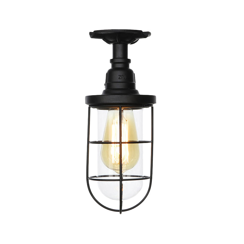 1-Head Caged Semi Flushmount Antiqued Black Iron Flush Ceiling Lamp with Clear Glass Shade Clearhalo 'Ceiling Lights' 'Close To Ceiling Lights' 'Close to ceiling' 'Glass shade' 'Glass' 'Semi-flushmount' Lighting' 758411