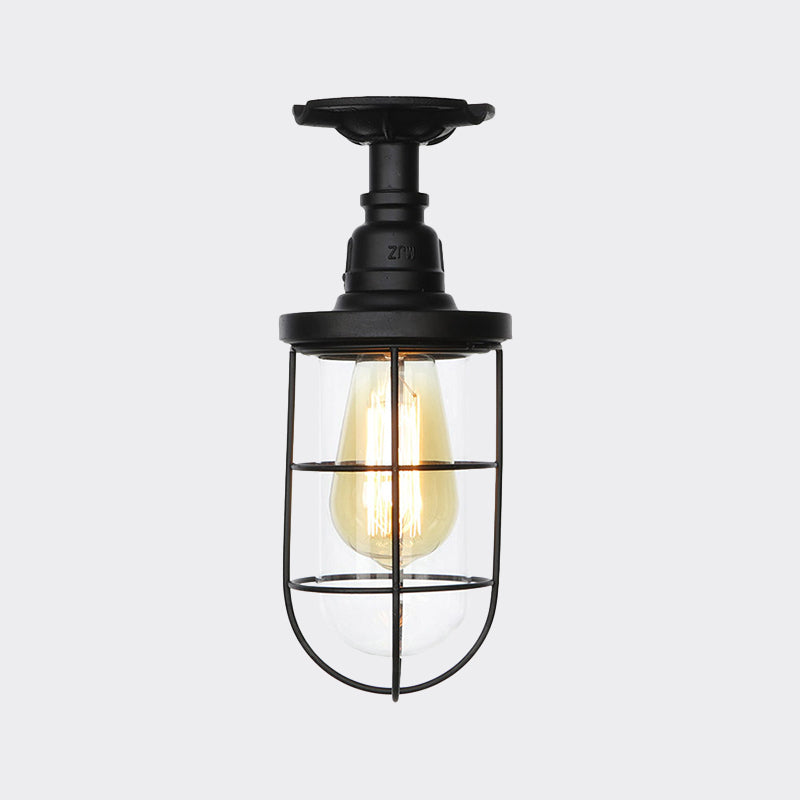1-Head Caged Semi Flushmount Antiqued Black Iron Flush Ceiling Lamp with Clear Glass Shade Clearhalo 'Ceiling Lights' 'Close To Ceiling Lights' 'Close to ceiling' 'Glass shade' 'Glass' 'Semi-flushmount' Lighting' 758412