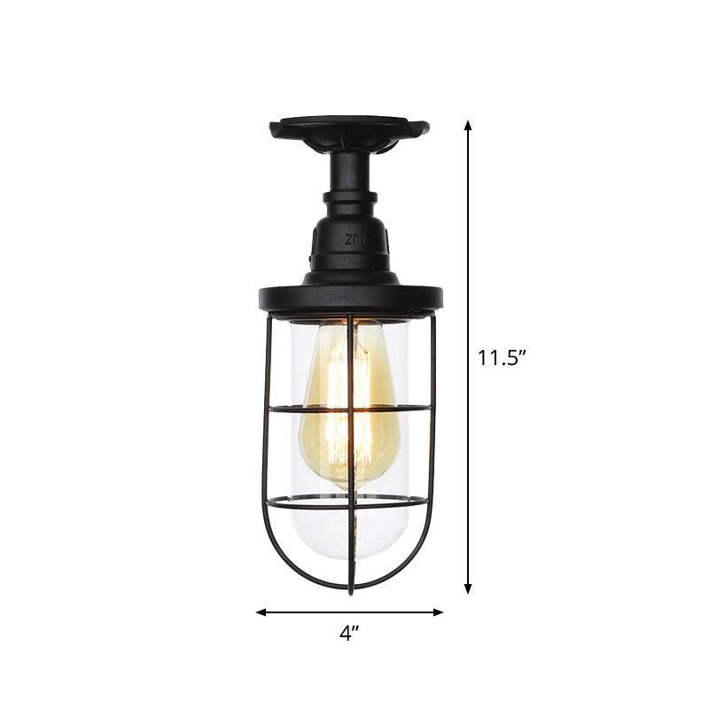 1-Head Caged Semi Flushmount Antiqued Black Iron Flush Ceiling Lamp with Clear Glass Shade Clearhalo 'Ceiling Lights' 'Close To Ceiling Lights' 'Close to ceiling' 'Glass shade' 'Glass' 'Semi-flushmount' Lighting' 758413