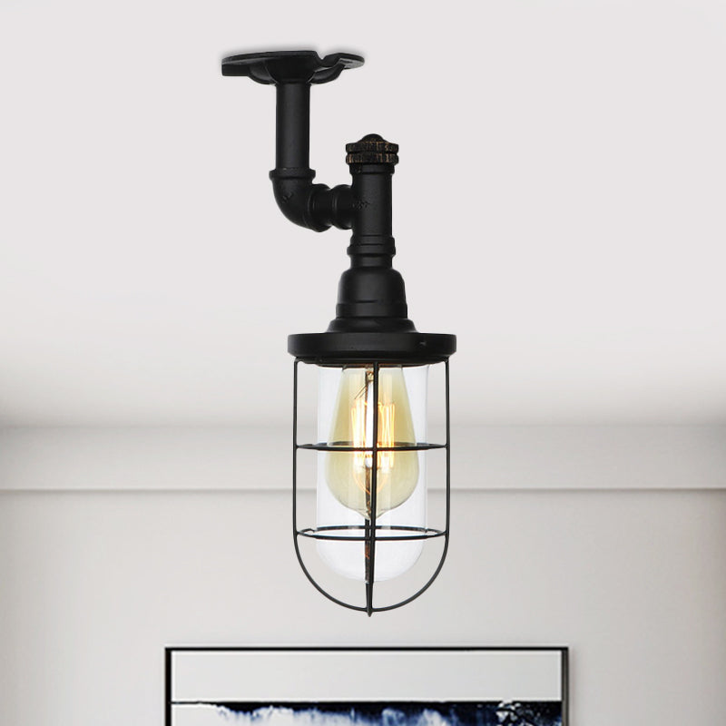 1-Head Caged Semi Flushmount Antiqued Black Iron Flush Ceiling Lamp with Clear Glass Shade Black B Clearhalo 'Ceiling Lights' 'Close To Ceiling Lights' 'Close to ceiling' 'Glass shade' 'Glass' 'Semi-flushmount' Lighting' 758414