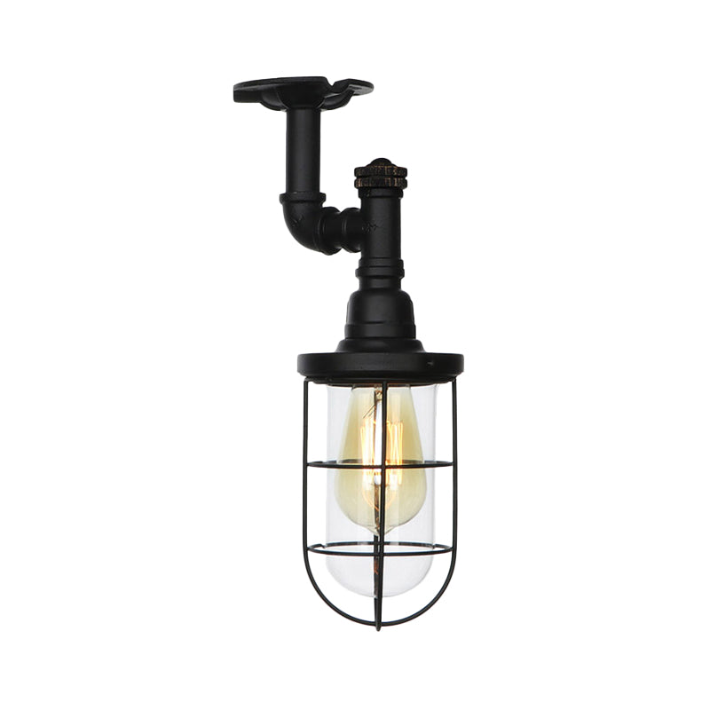 1-Head Caged Semi Flushmount Antiqued Black Iron Flush Ceiling Lamp with Clear Glass Shade Clearhalo 'Ceiling Lights' 'Close To Ceiling Lights' 'Close to ceiling' 'Glass shade' 'Glass' 'Semi-flushmount' Lighting' 758416