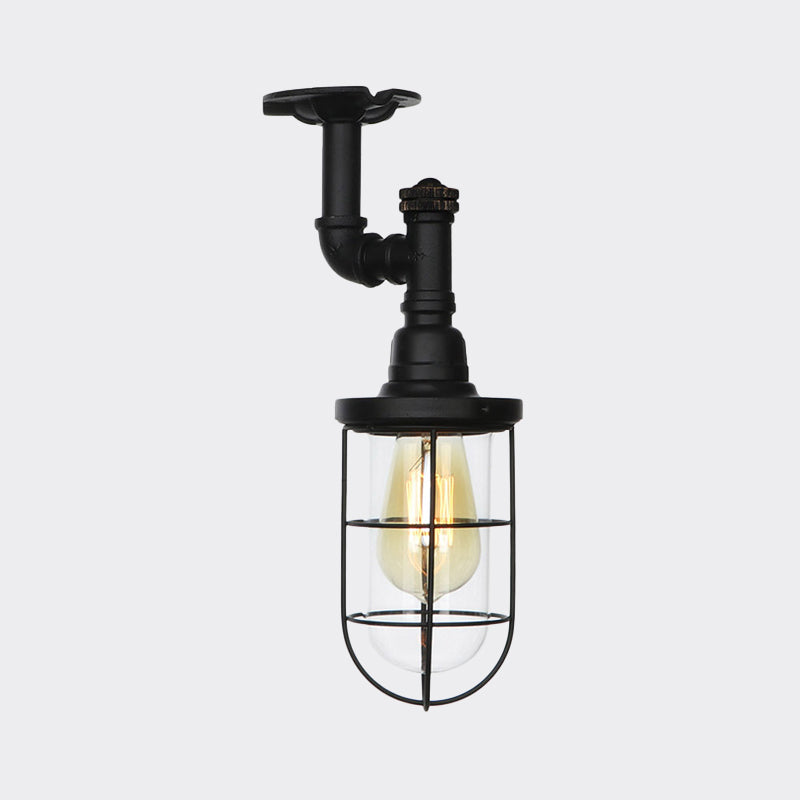 1-Head Caged Semi Flushmount Antiqued Black Iron Flush Ceiling Lamp with Clear Glass Shade Clearhalo 'Ceiling Lights' 'Close To Ceiling Lights' 'Close to ceiling' 'Glass shade' 'Glass' 'Semi-flushmount' Lighting' 758417