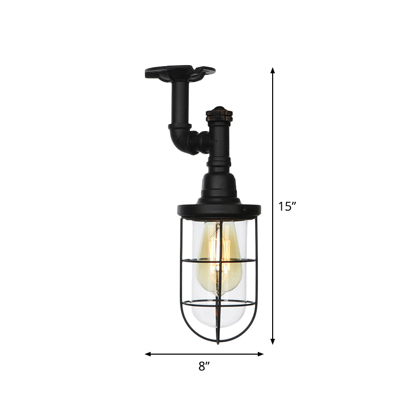 1-Head Caged Semi Flushmount Antiqued Black Iron Flush Ceiling Lamp with Clear Glass Shade Clearhalo 'Ceiling Lights' 'Close To Ceiling Lights' 'Close to ceiling' 'Glass shade' 'Glass' 'Semi-flushmount' Lighting' 758418