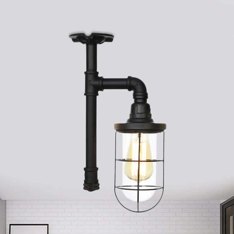 1-Head Caged Semi Flushmount Antiqued Black Iron Flush Ceiling Lamp with Clear Glass Shade Black C Clearhalo 'Ceiling Lights' 'Close To Ceiling Lights' 'Close to ceiling' 'Glass shade' 'Glass' 'Semi-flushmount' Lighting' 758419